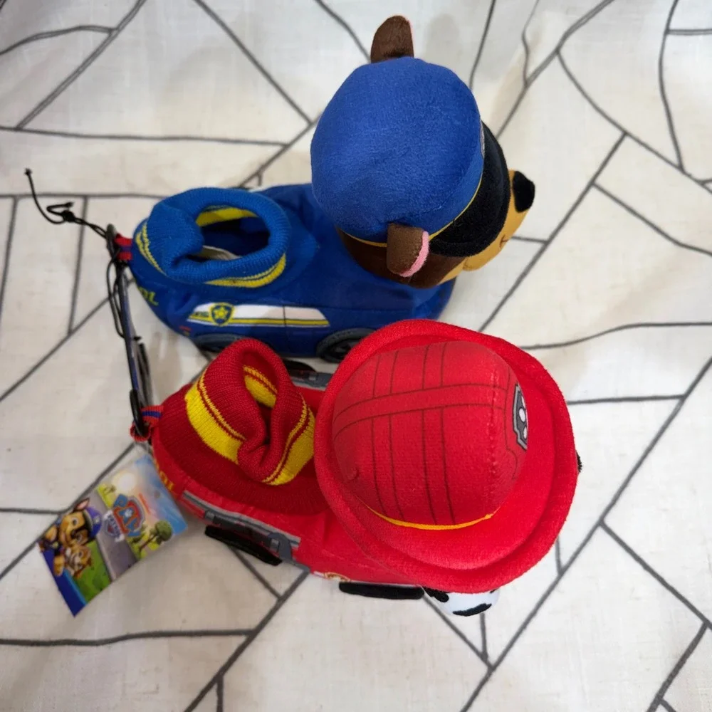 Paw Patrol Toddler Plush Slippers Size 5-6 Red Blue Chase Marshall 3D Vehicle